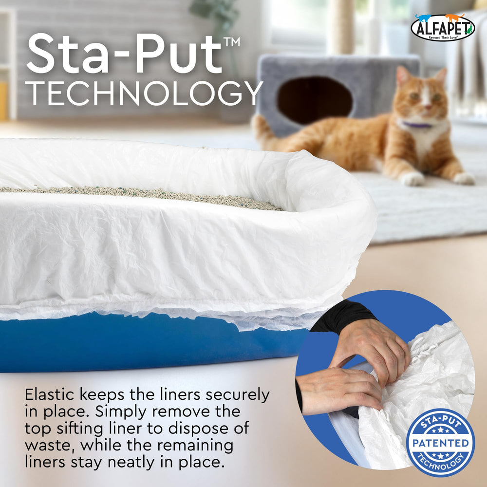 Solid bottom liner catches waste for cleaner litter boxes.