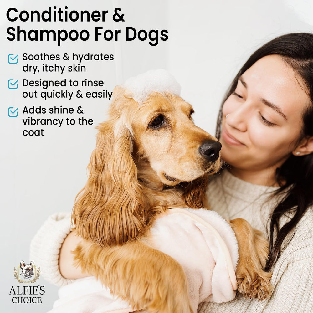 ALFIE'S CHOICE dog conditioner bottle helps detangle and leave a soft, shiny coat