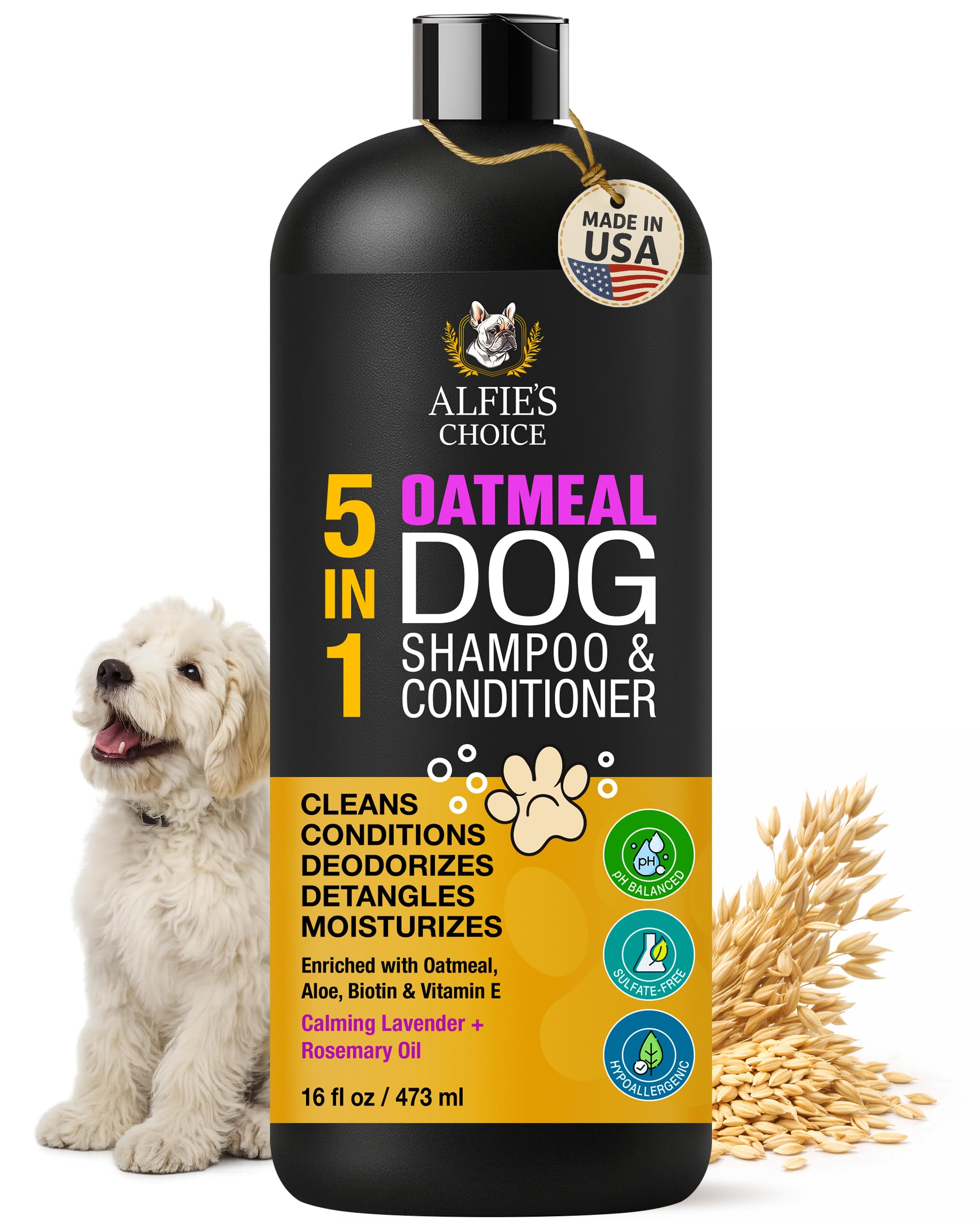 ALFIE'S CHOICE oatmeal dog shampoo bottle for gentle cleansing and hydration.