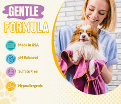 Puppy shampoo formula applied to a sensitive coat for comfort.