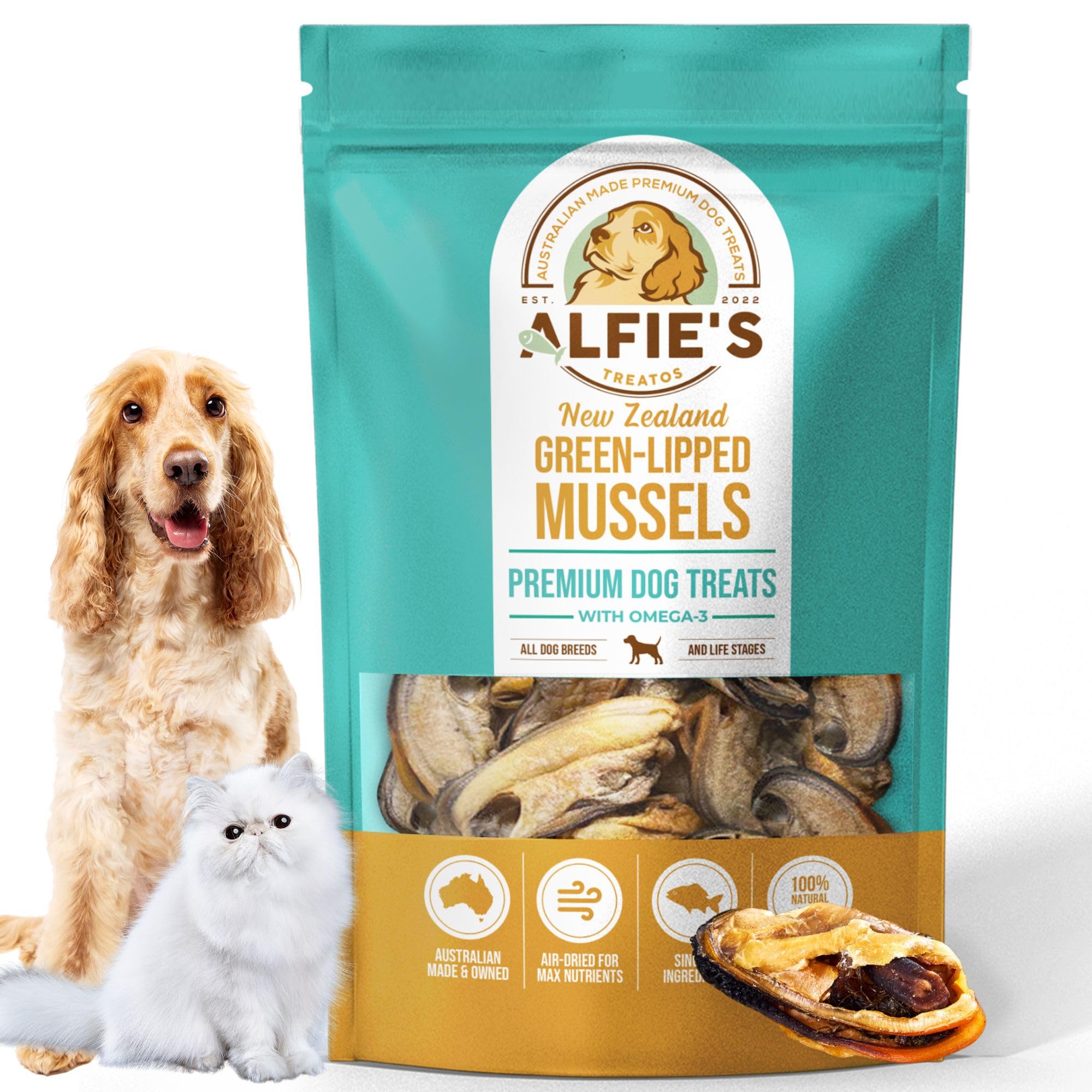 ALFIE'S TREATOS green lipped mussels bag front highlights natural hip and joint support
