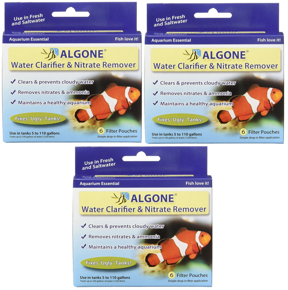 Algone aquarium water clarifier image showing 18-pouch package improves clarity in the tank