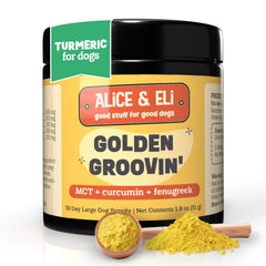 Alice & Eli Golden Groovin turmeric for dogs bottle front shows premium joint support formula