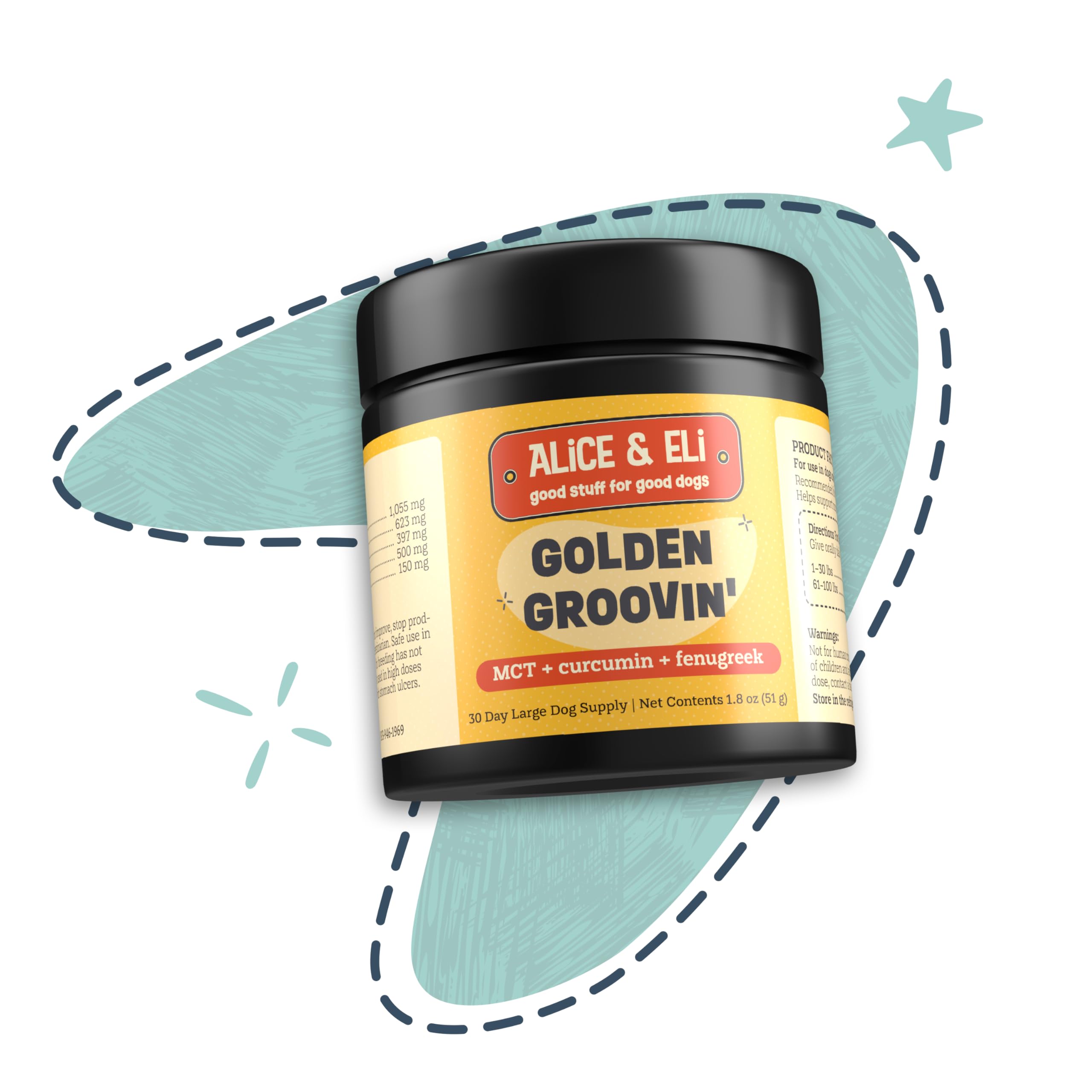 Alice & Eli Golden Groovin turmeric for dogs label highlights organic curcumin and MCT benefits