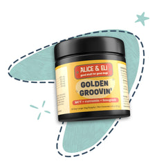 Alice & Eli Golden Groovin turmeric for dogs label highlights organic curcumin and MCT benefits