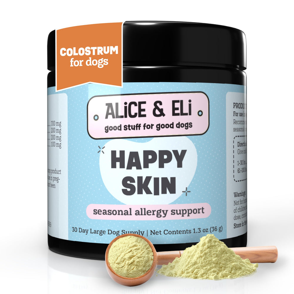 Alice and Eli Happy Skin quercetin bottle showing a potent formula for itchy dog skin.