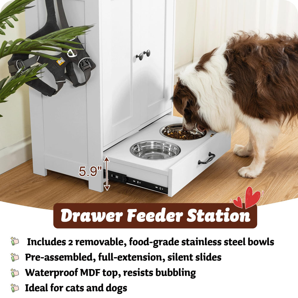 ALINE FURNITURE drawer pet feeder shown with hidden storage for a clean home.