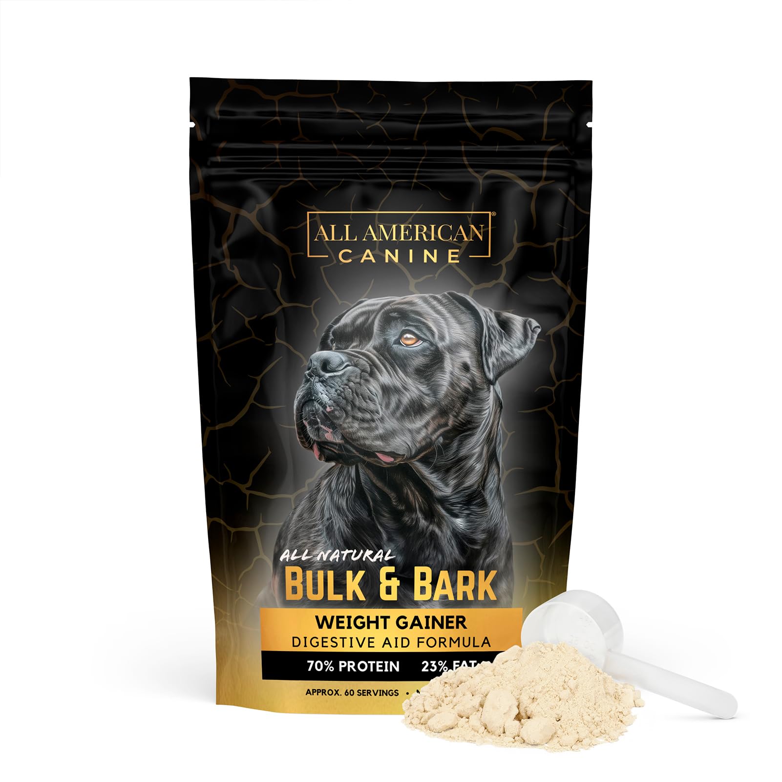 All American Canine Bulk & Bark powder sprinkled on dog food for weight gain
