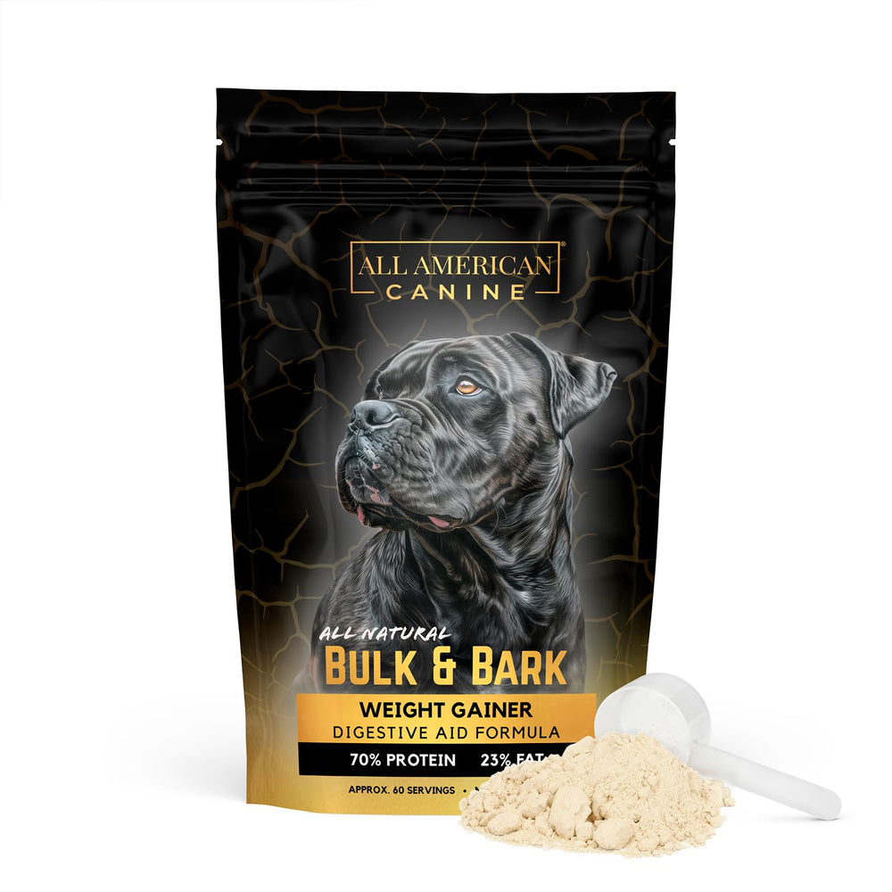 All American Canine Bulk & Bark powder sprinkled on dog food for weight gain