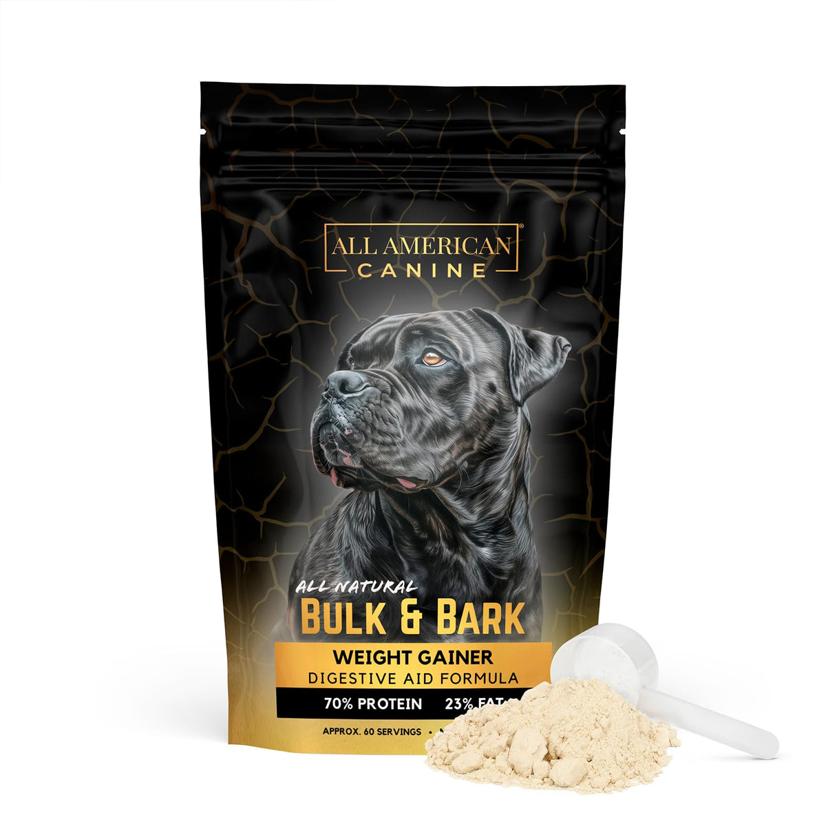 All American Canine Bulk & Bark powder sprinkled on dog food for weight gain
