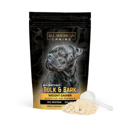 All American Canine Bulk & Bark powder sprinkled on dog food for weight gain