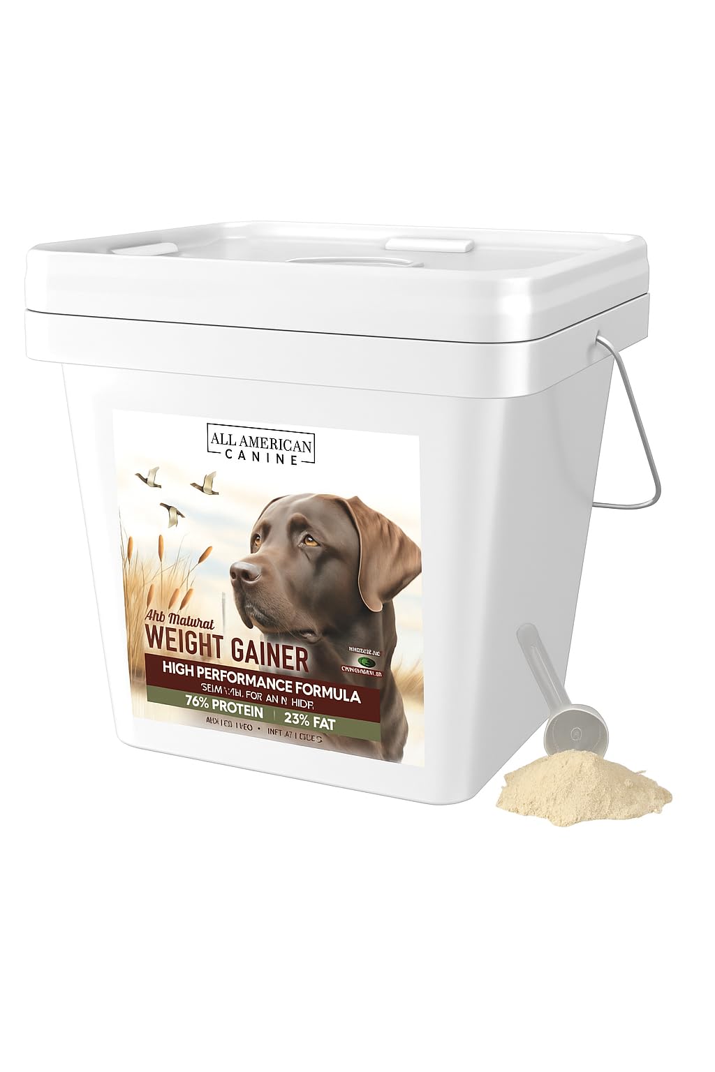 All American Canine Bulk Weight Gainer bottle label shows high-calorie formula for weight gain.