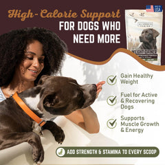All American Canine Bulk Weight Gainer scoop and powder stirred into kibble for easy feeding.