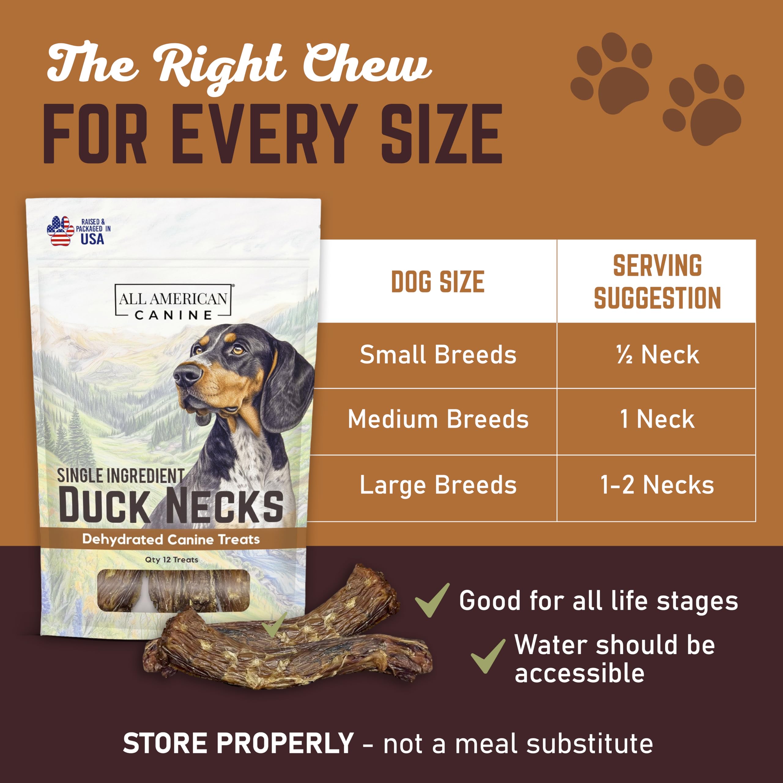 All American Canine duck neck treats made-in-usa seal emphasizes quality and sustainability.