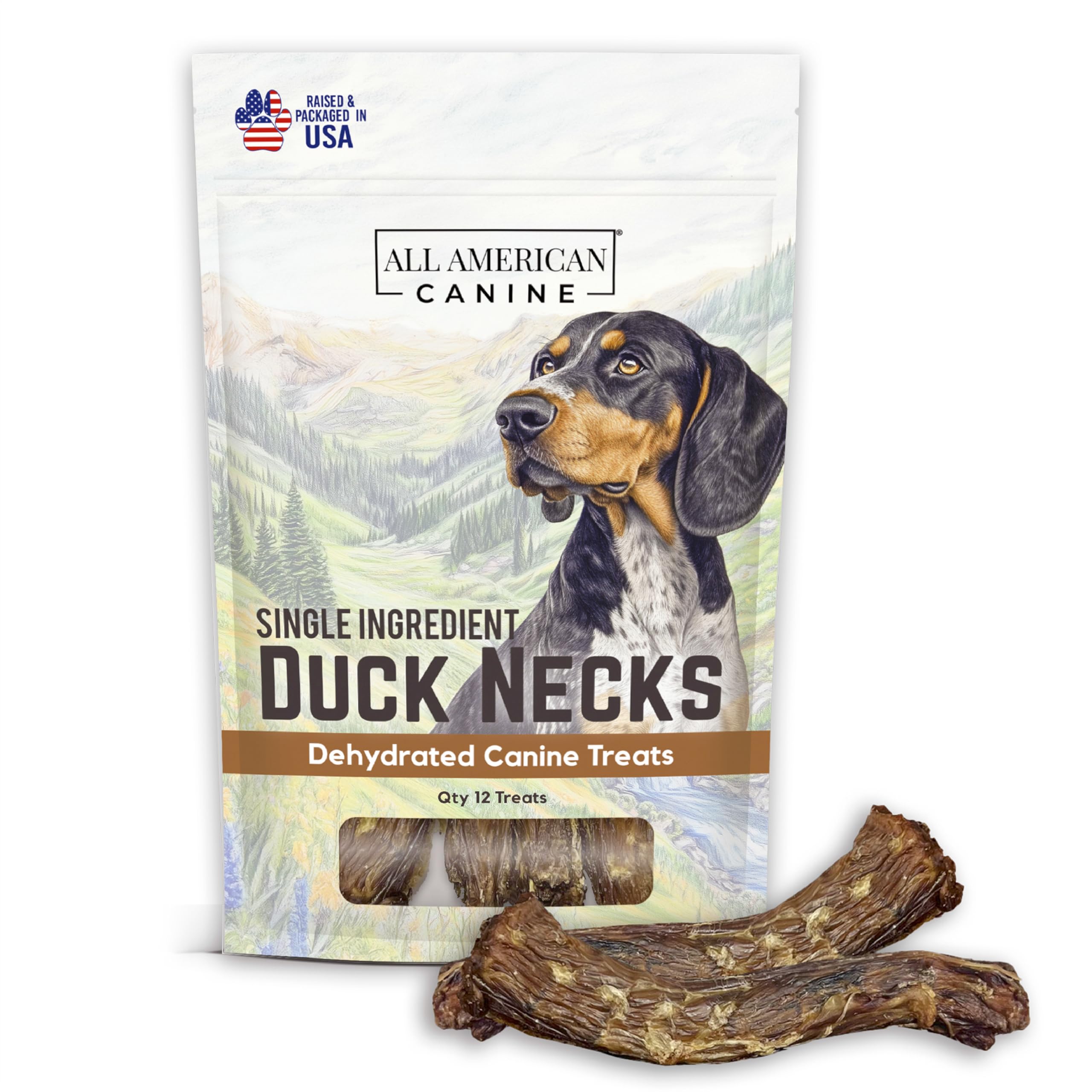 All American Canine duck neck treats packaging highlights a USA-made, single-ingredient chew.
