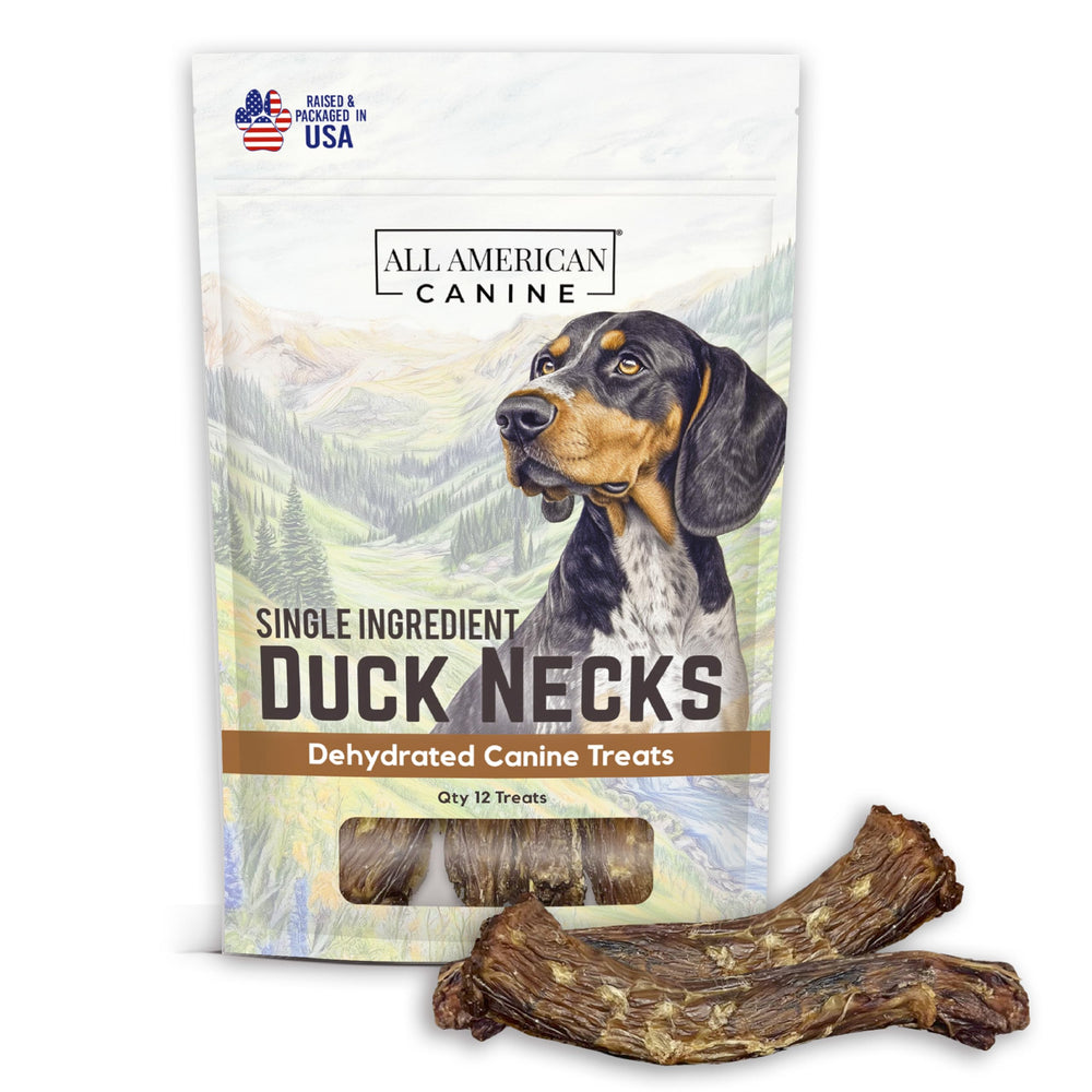 All American Canine duck neck treats packaging highlights a USA-made, single-ingredient chew.