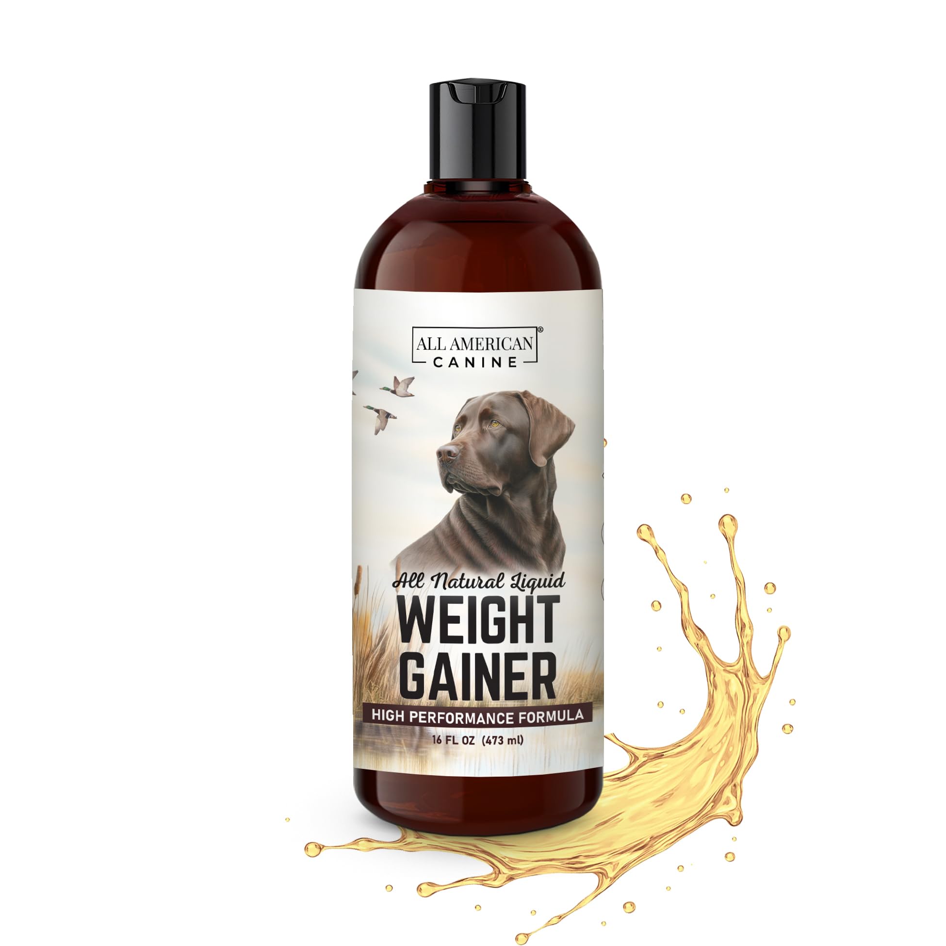 All American Canine Weight Gainer bottle label, high calorie dog supplement.