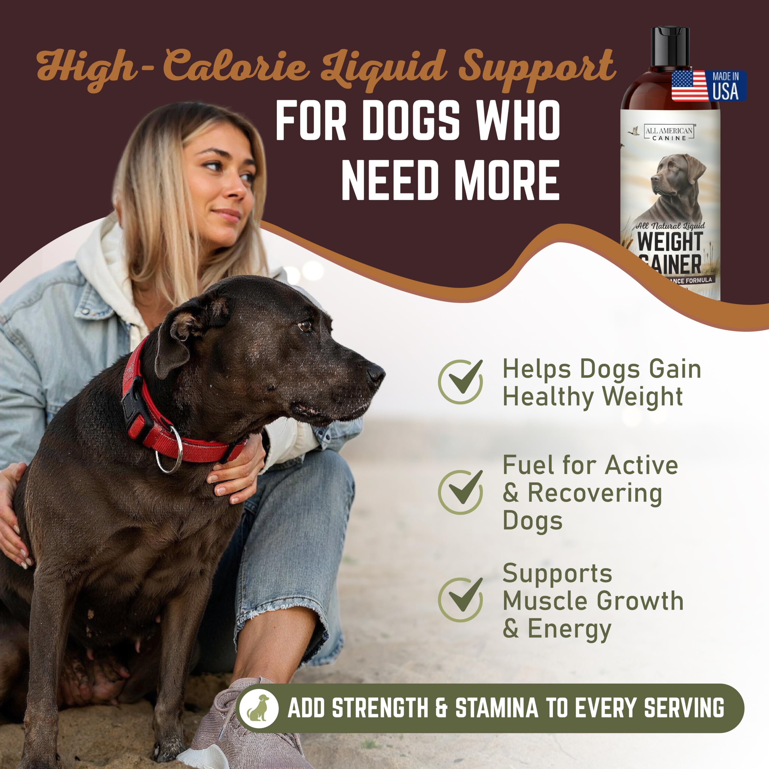 Pouring All American Canine Weight Gainer into a bowl for meals.