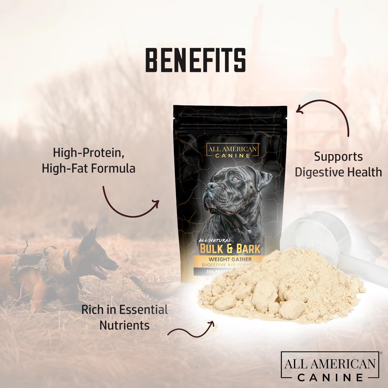 All American Canine whey protein supports muscle development in dogs