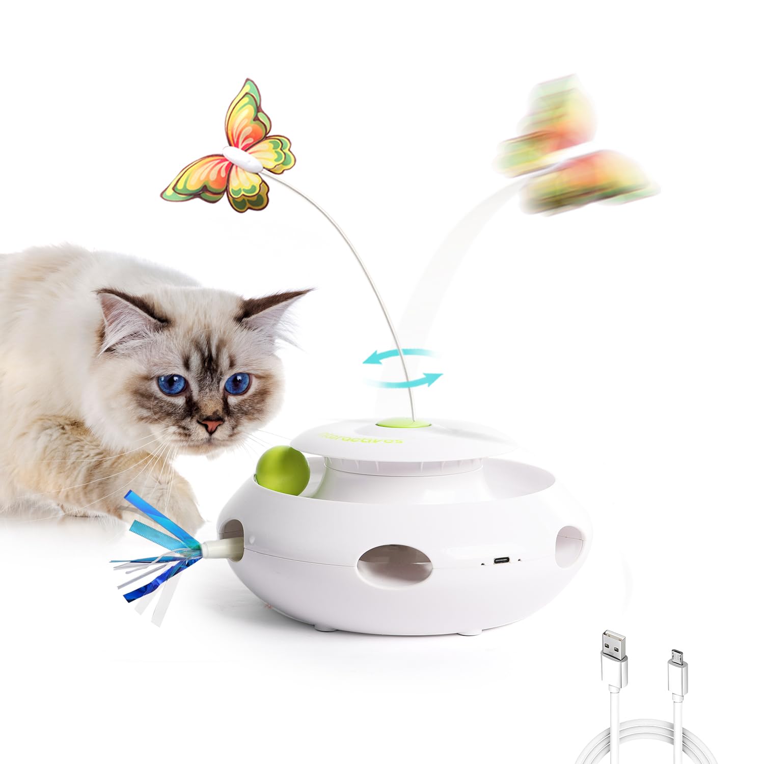 ALL FOR PAWS 3-in-1 interactive butterfly flutter toy engages indoor cats with varied play.