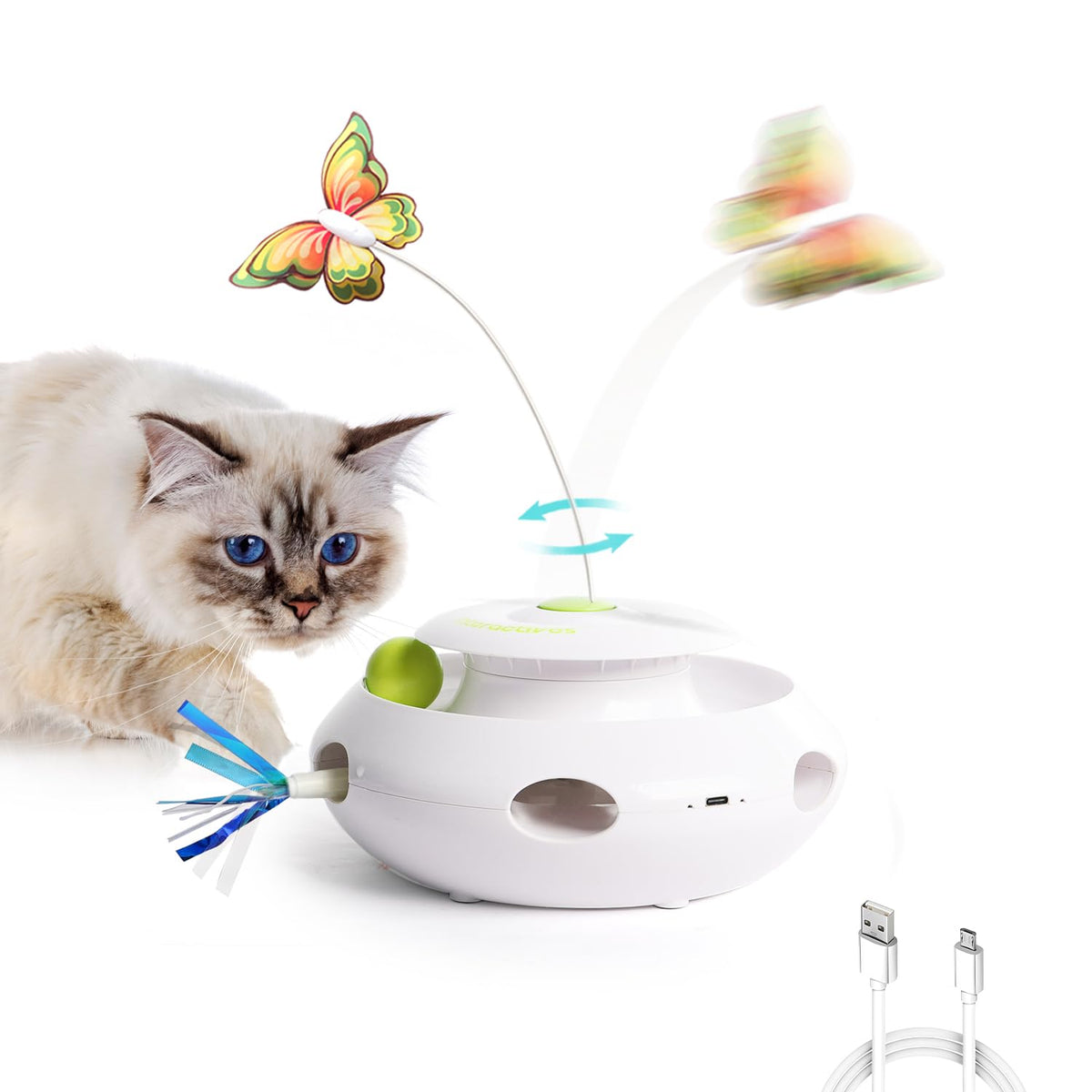ALL FOR PAWS 3-in-1 interactive butterfly flutter toy engages indoor cats with varied play.