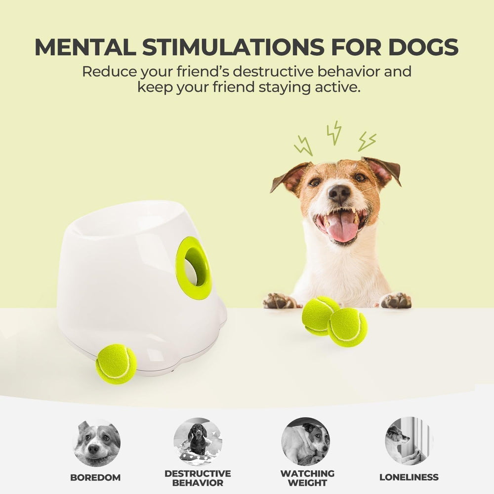 All For Paws Automatic Ball Launcher with included balls closeup for immediate play.