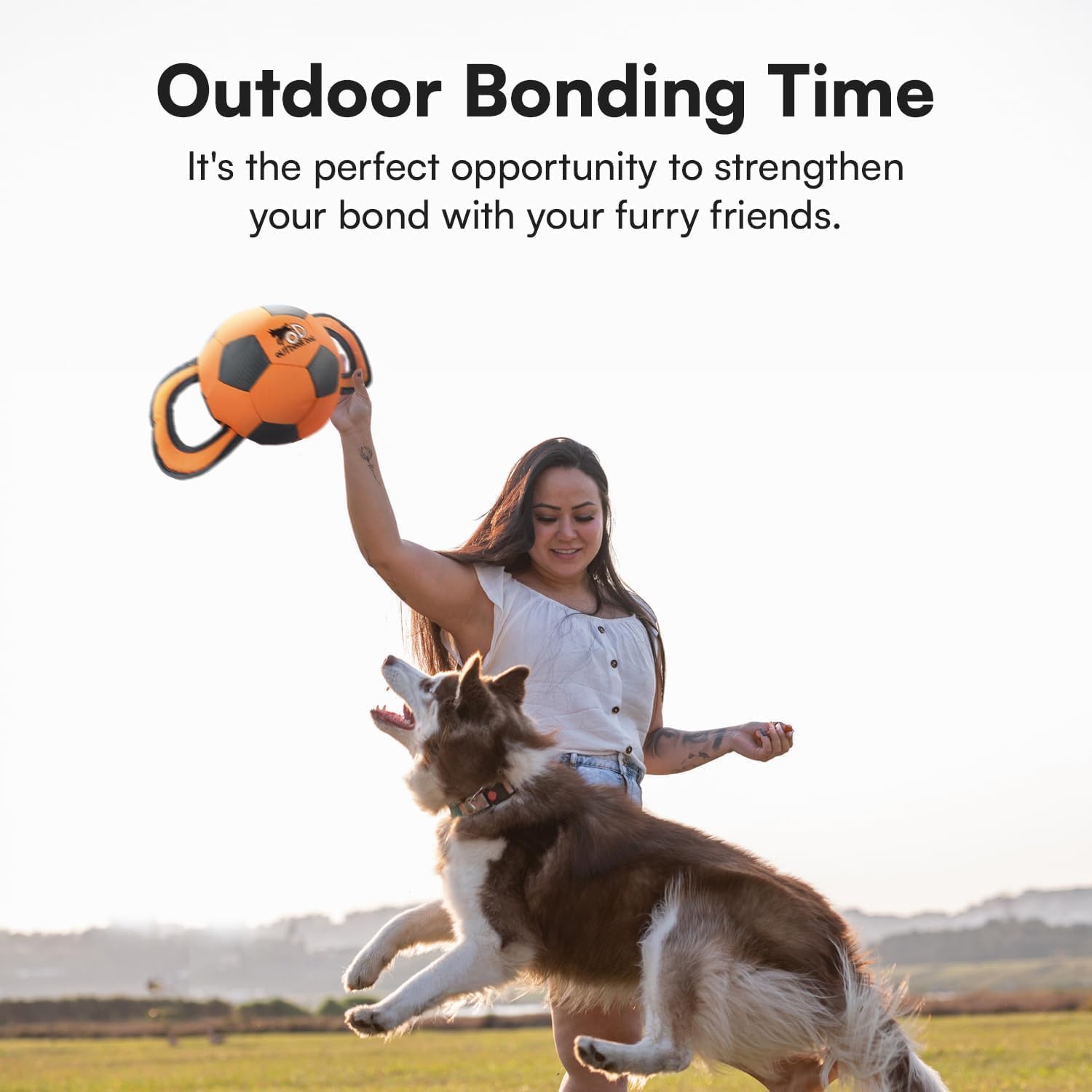 ALL FOR PAWS Ballistic Handle Ball uses the squeaker to boost engagement.