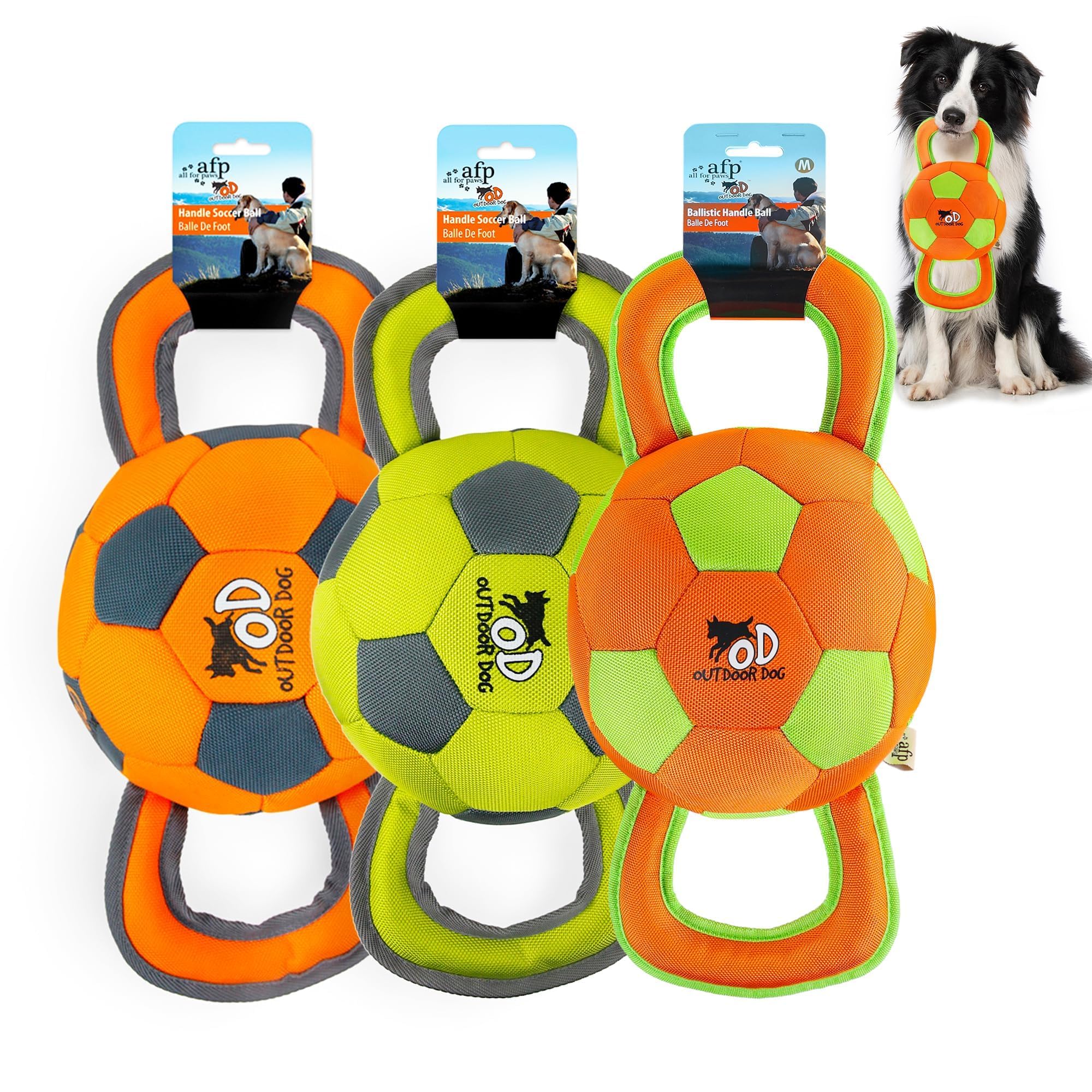 ALL FOR PAWS Ballistic Handle Ball with squeaker for interactive tug play.