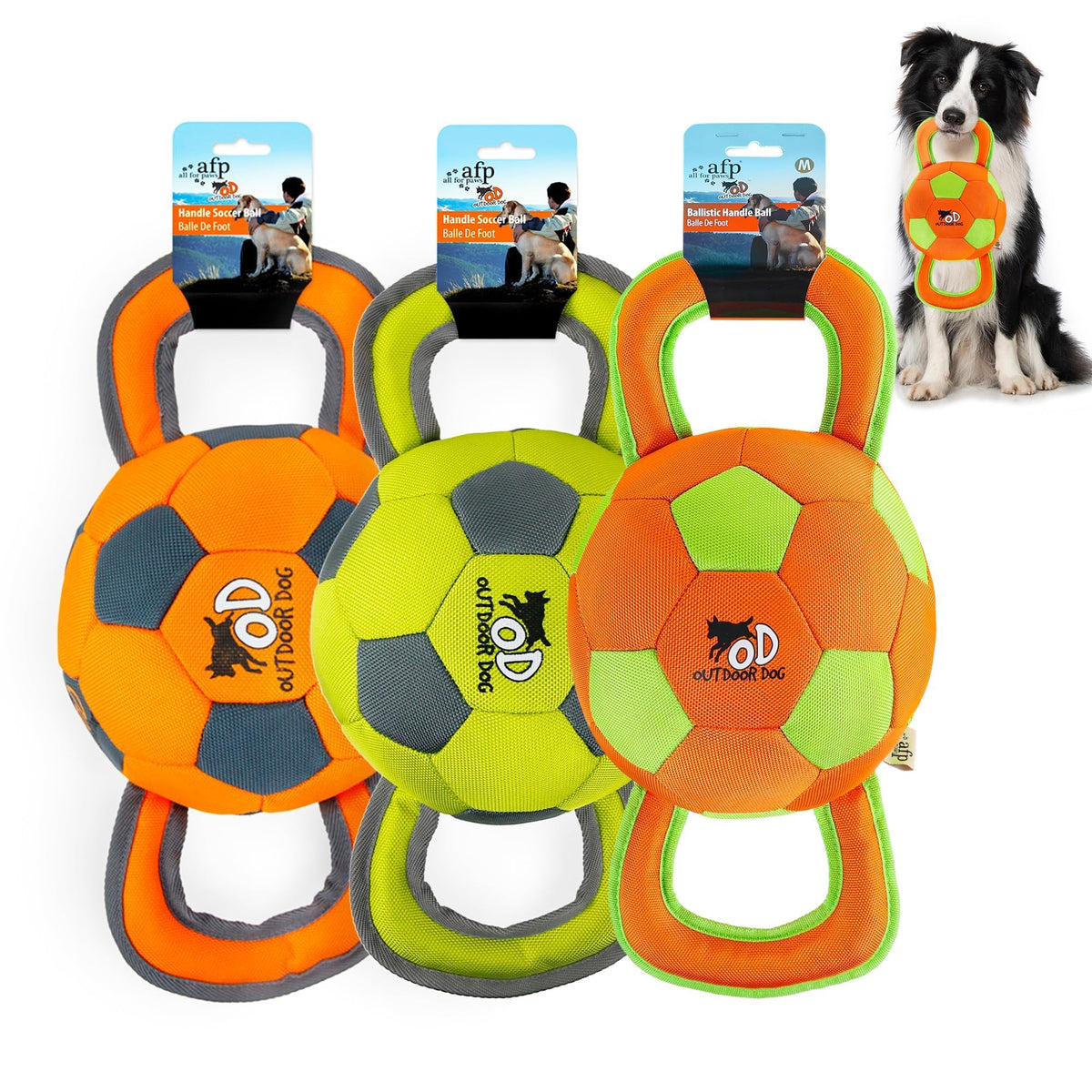 ALL FOR PAWS Ballistic Handle Ball with squeaker for interactive tug play.