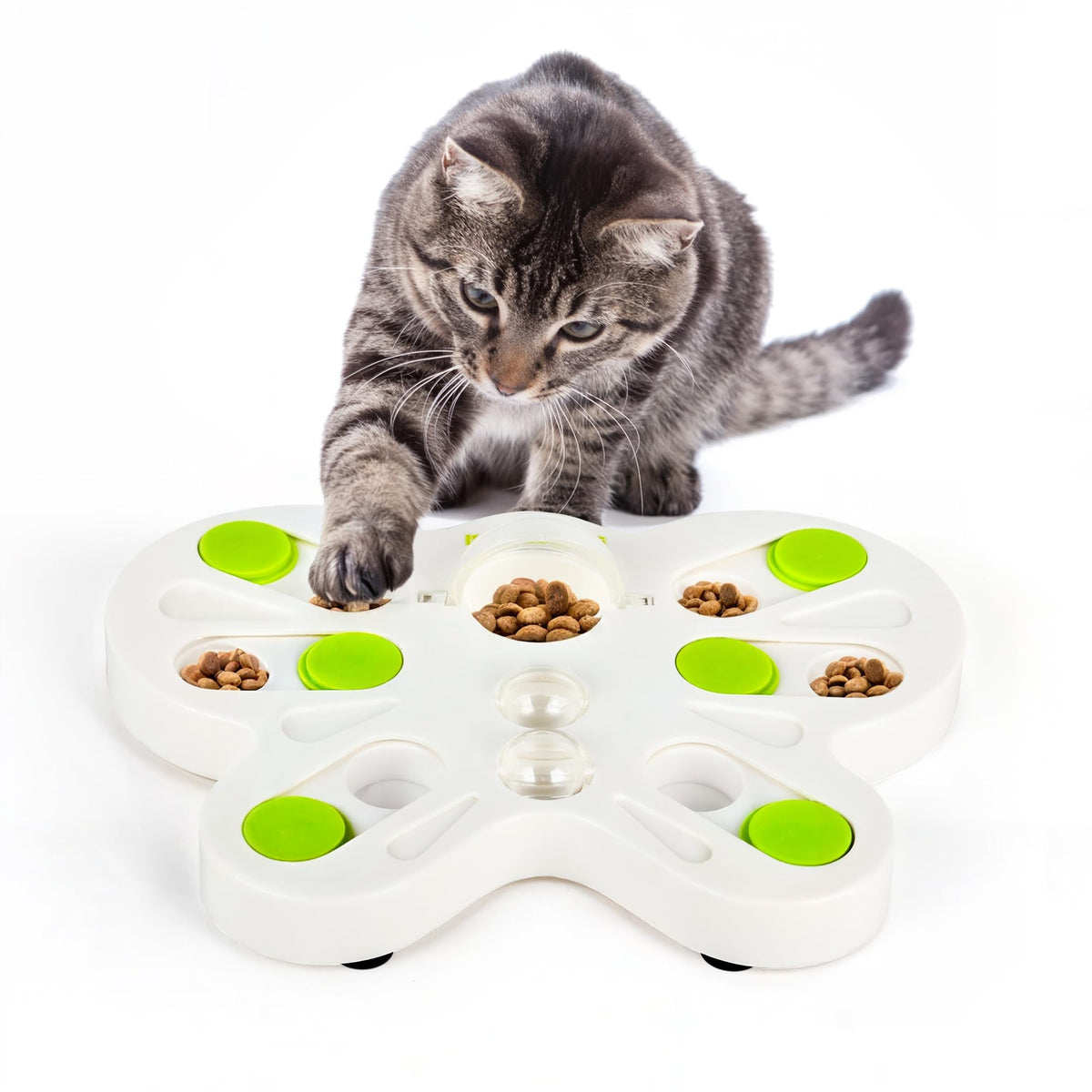ALL FOR PAWS butterfly-shaped feeder engages indoor cats with interactive play and mental enrichment.