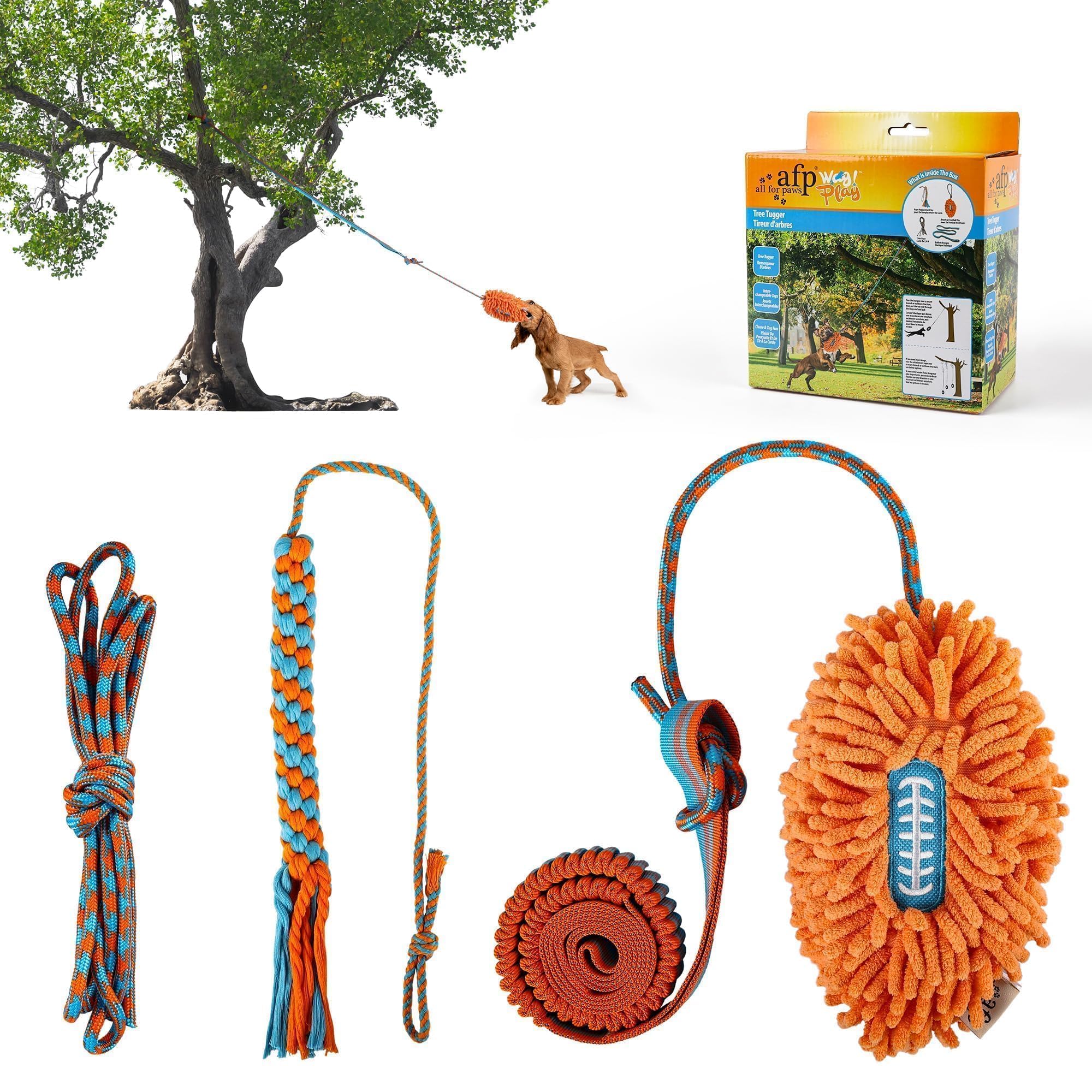 ALL FOR PAWS dog bungee tug toy in outdoor hang position for energetic play.