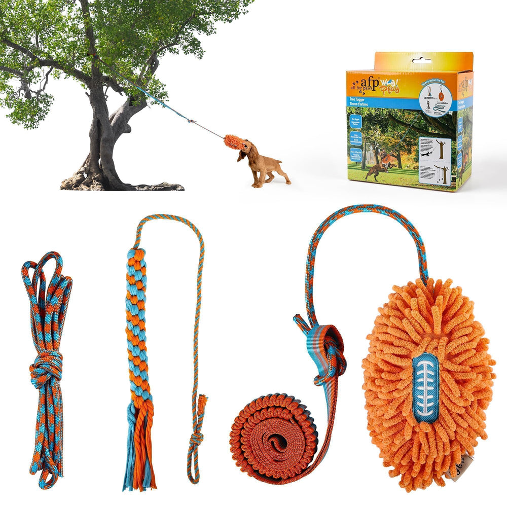 ALL FOR PAWS dog bungee tug toy in outdoor hang position for energetic play.