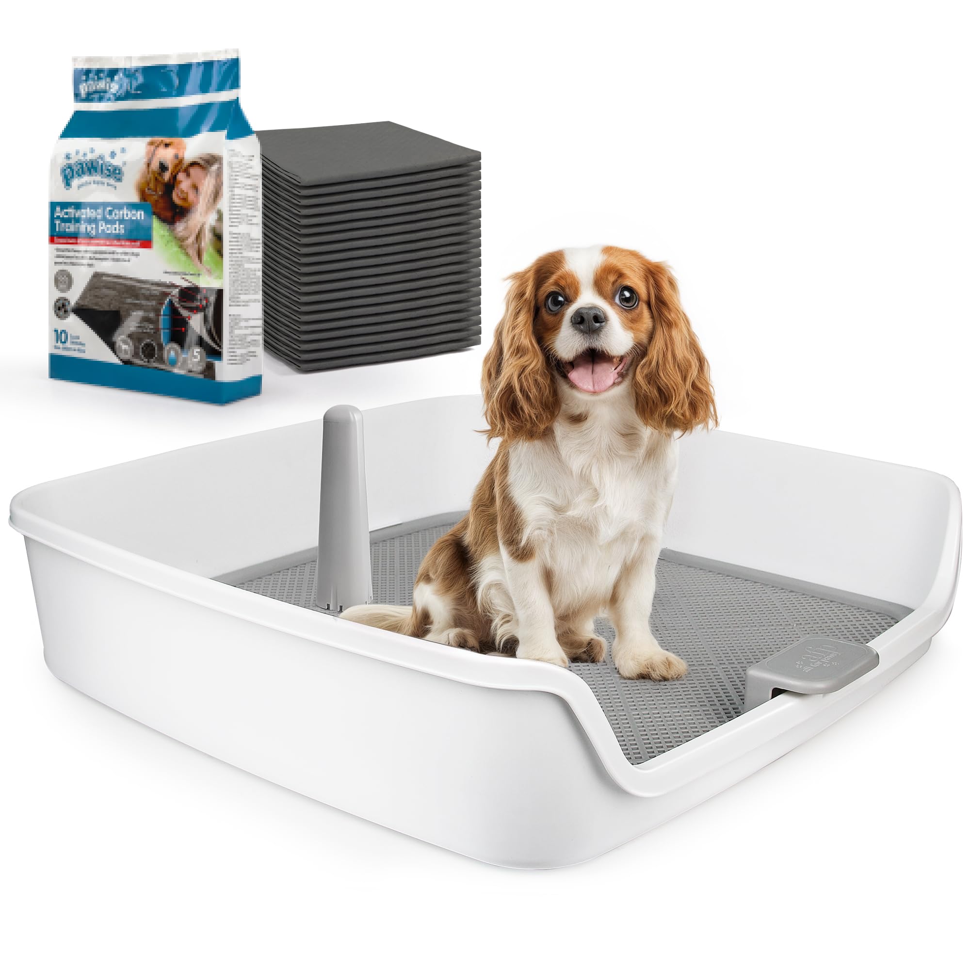 ALL FOR PAWS pee pad holder with removable post helps male puppies aim accurately.