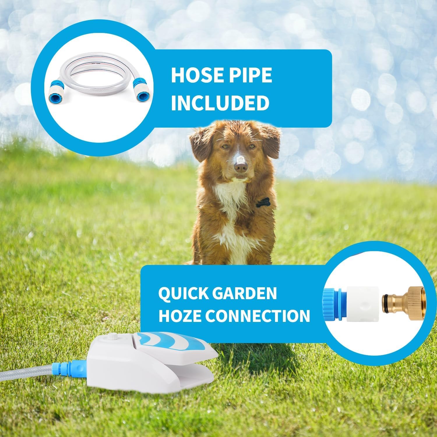ALL FOR PAWS yard setup with hose connection on a sunny lawn.