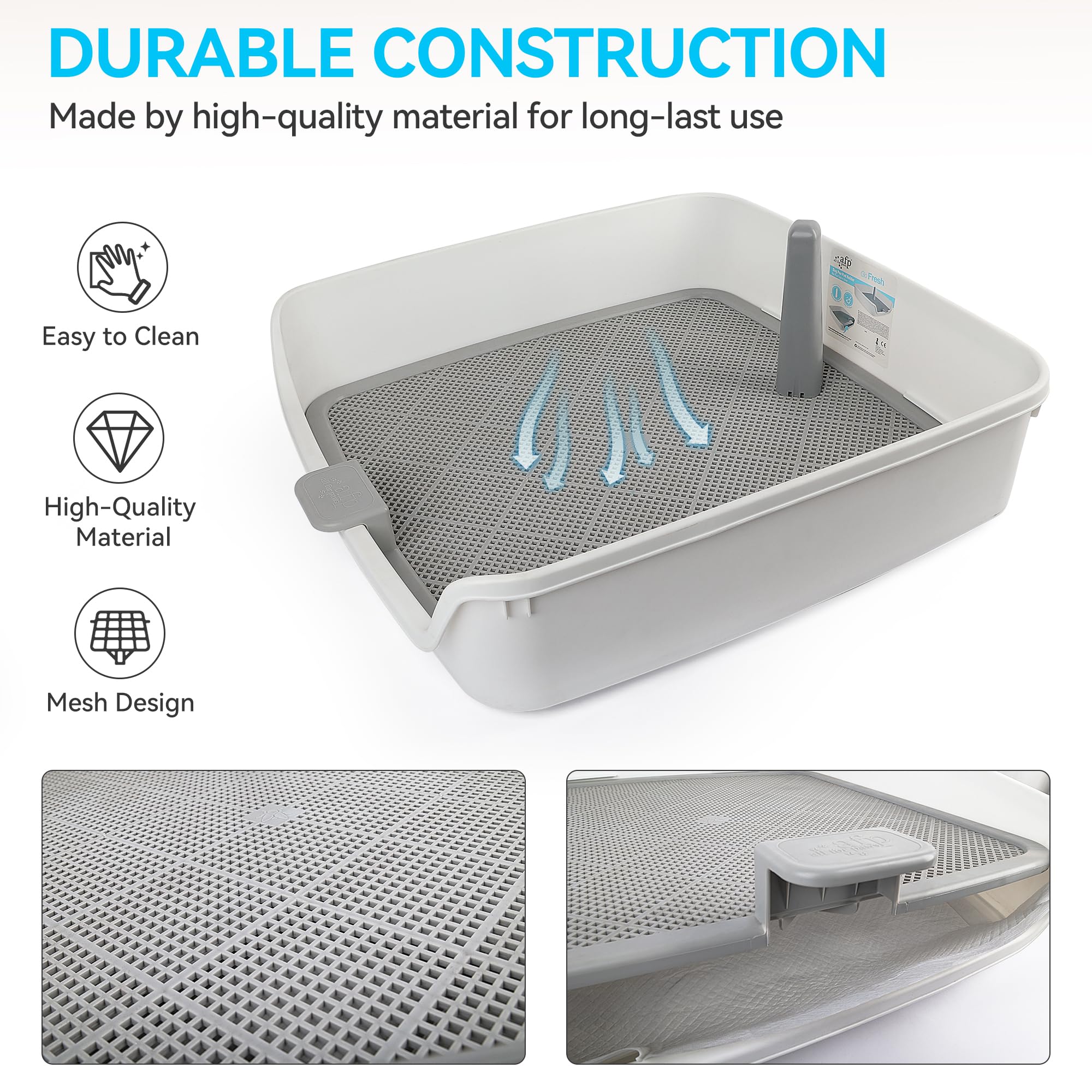 ALL FOR PAWS potty tray with perforated grate directs urine to pads underneath.