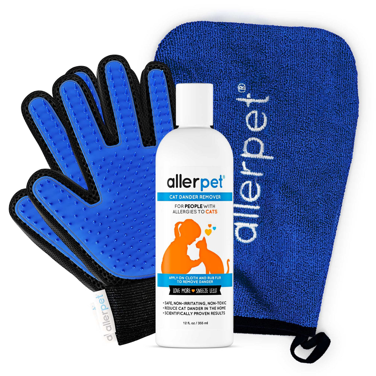 Allerpet cat dander remover bottle pour enables easy on-fur treatment.
