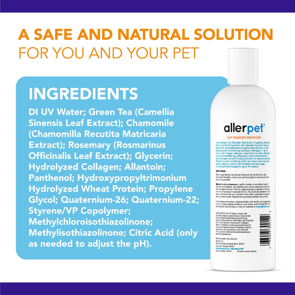 Allerpet spray application on cat face area for quick relief.
