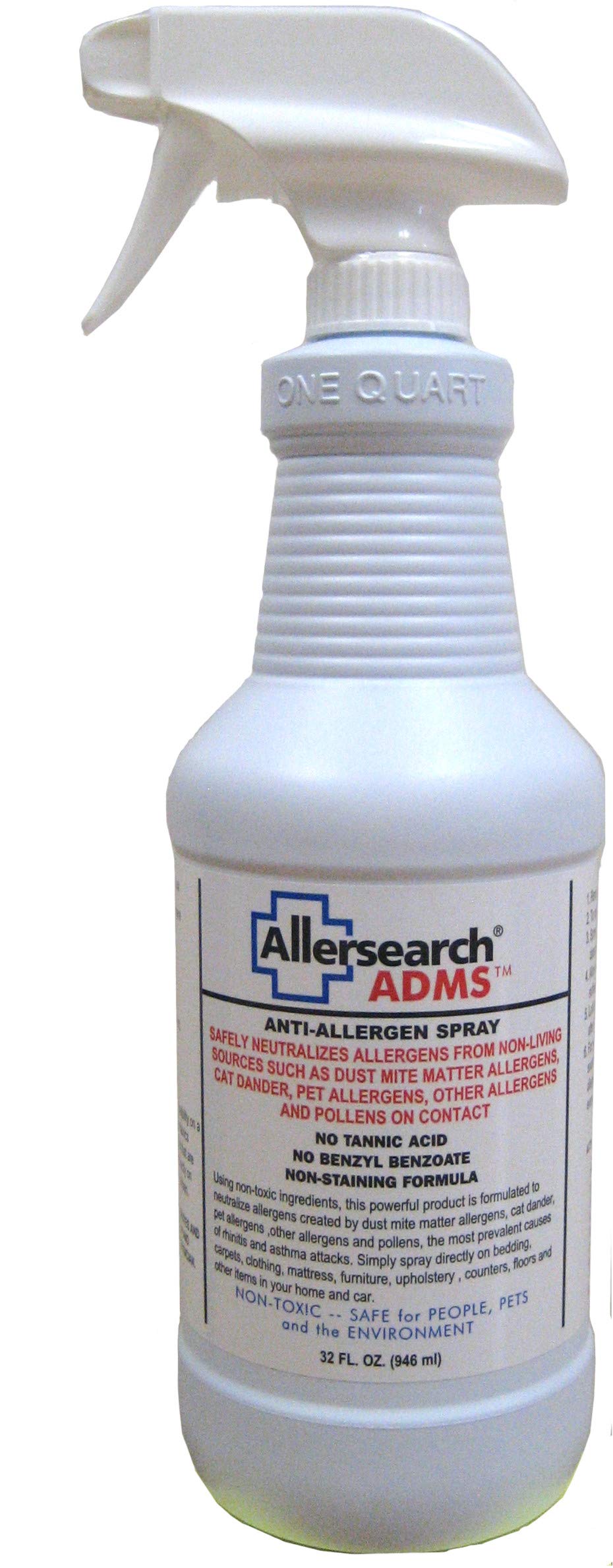 Allersearch Cat Dander Spray ADMS bottle on surface, helps reduce dander across areas.