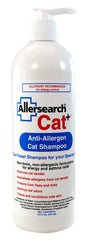 Allersearch Cat+ Anti-Allergen Shampoo bottle label with dander removal emphasis.