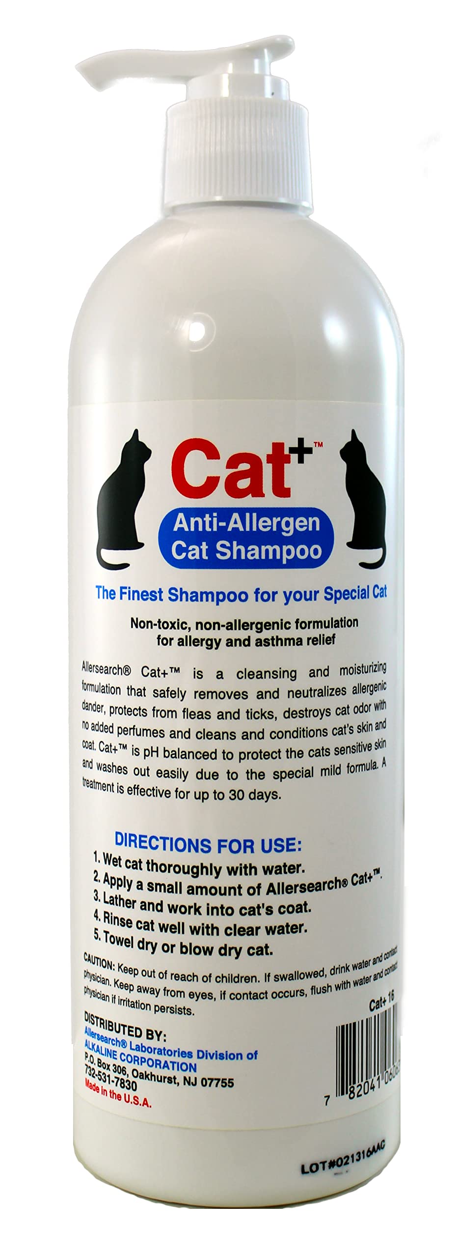 Allersearch Cat+ Anti-Allergen Shampoo bottle being poured, signaling odor elimination.