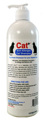 Allersearch Cat+ Anti-Allergen Shampoo bottle being poured, signaling odor elimination.