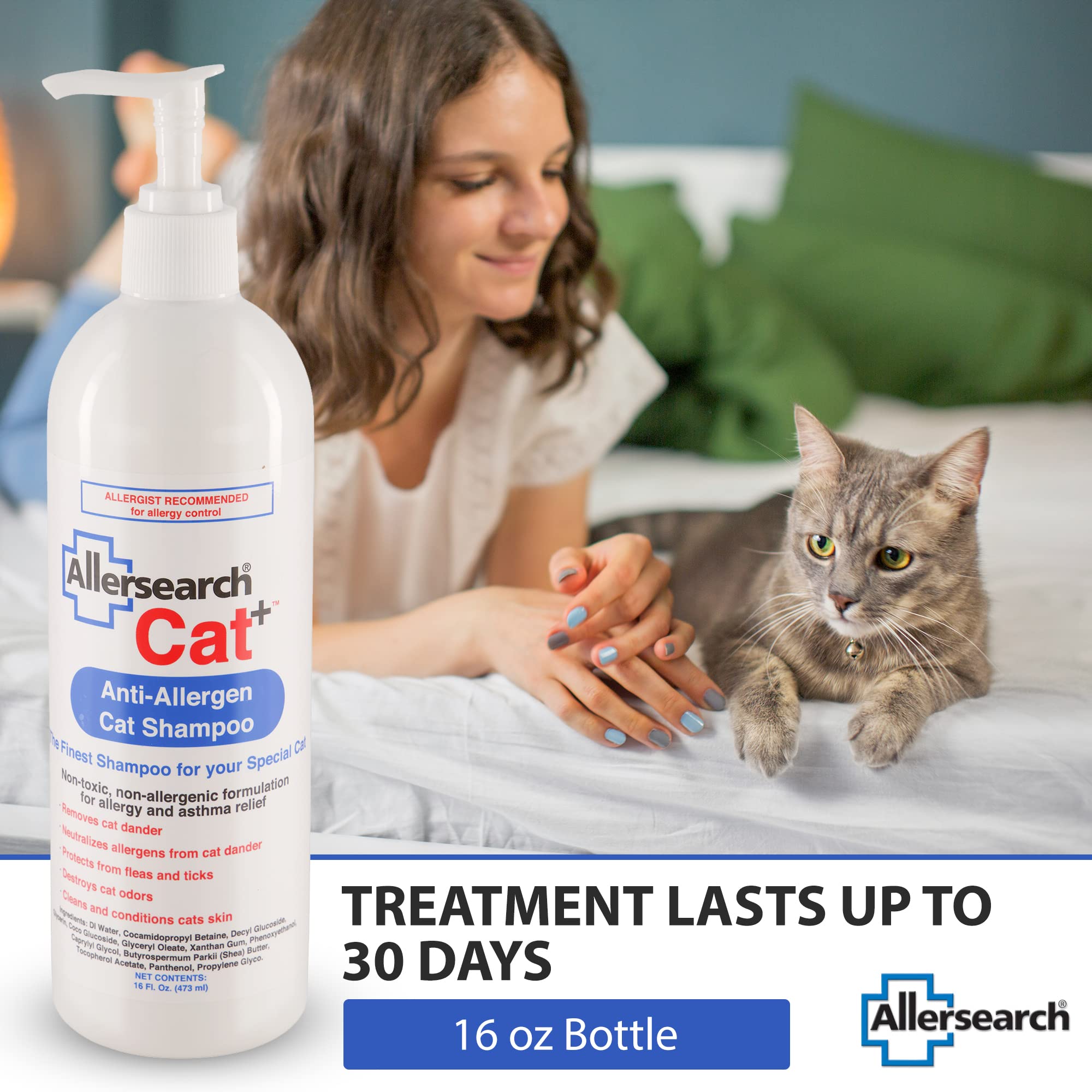 Allersearch Cat+ Anti-Allergen Shampoo lathering during a cat bath for cleansing.