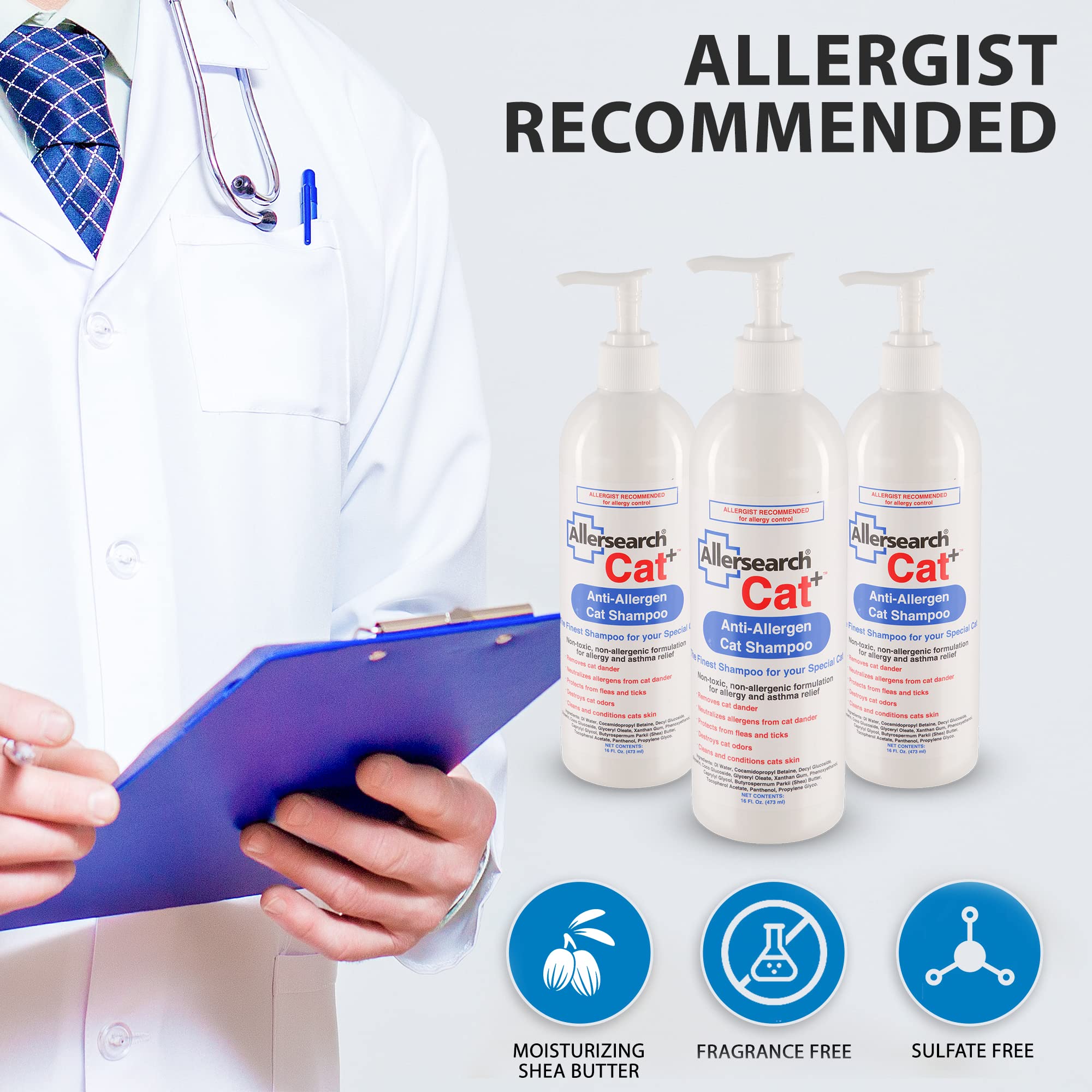 Allersearch Cat+ Anti-Allergen Shampoo label close-up highlighting the allergy-friendly formula.