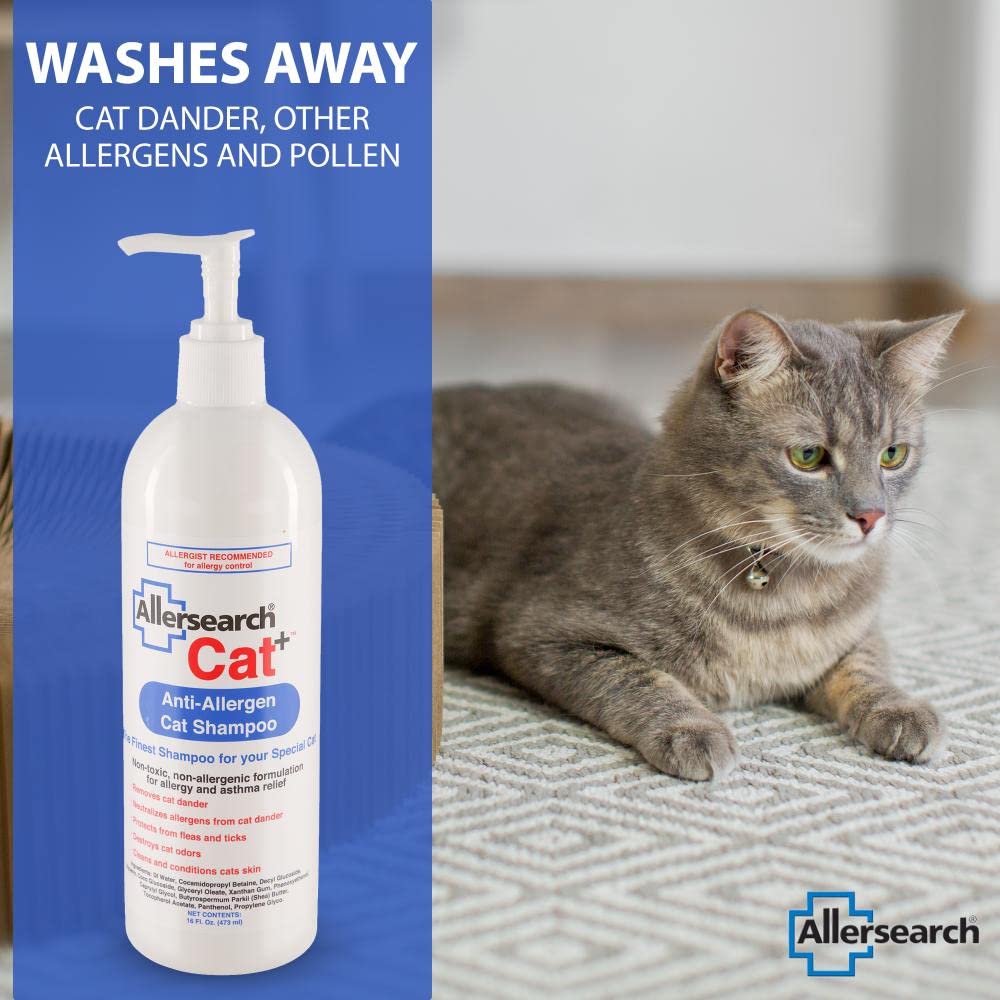 Allersearch Cat+ Anti-Allergen Shampoo label close-up signaling dander removal.