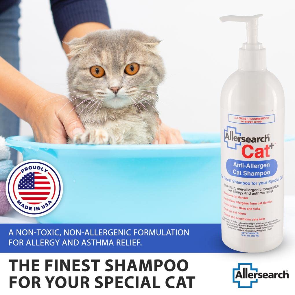 Allersearch Cat+ Anti-Allergen Shampoo packaging on display conveying odor control.
