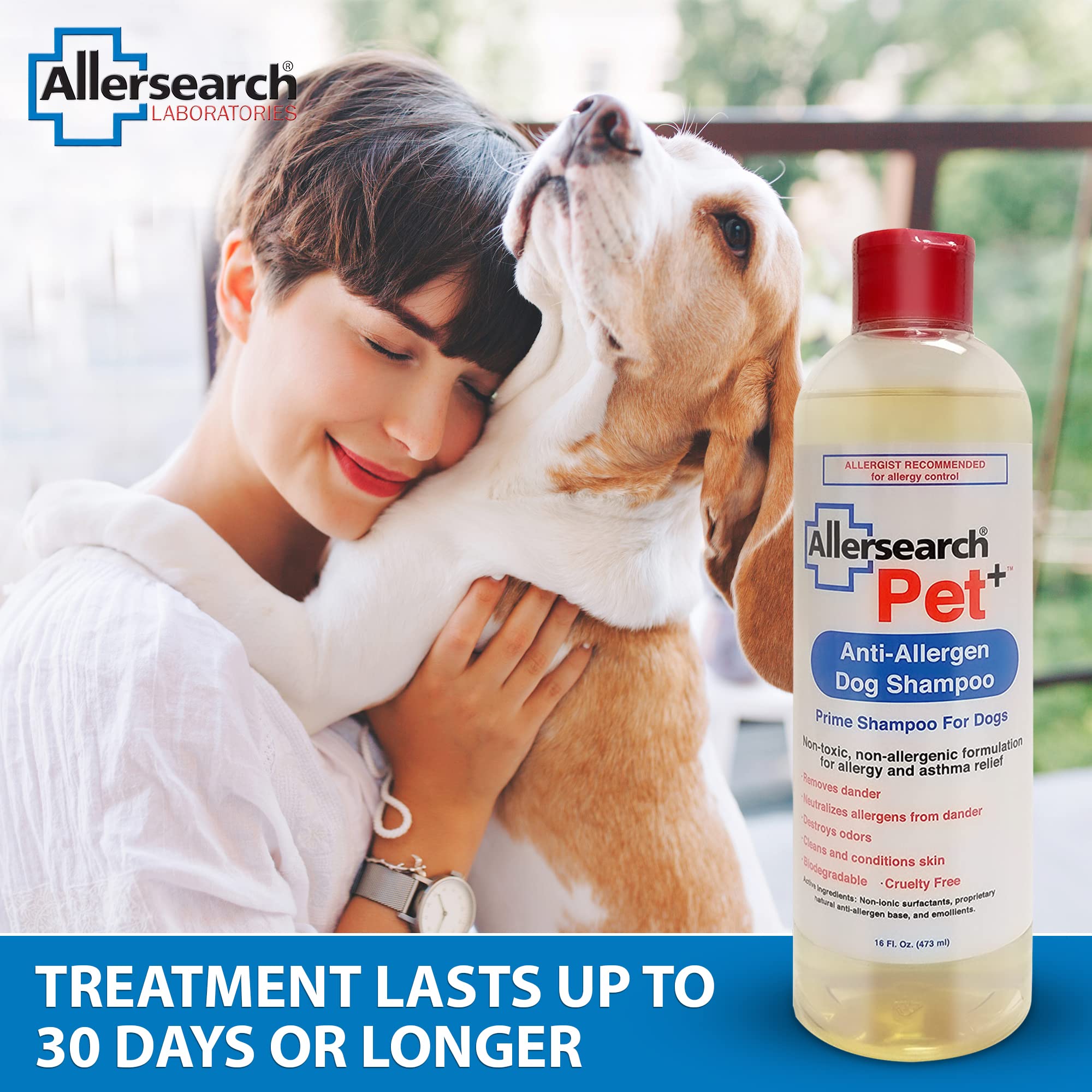 Label highlights tea tree oil extract in Allersearch Pet+ Shampoo.