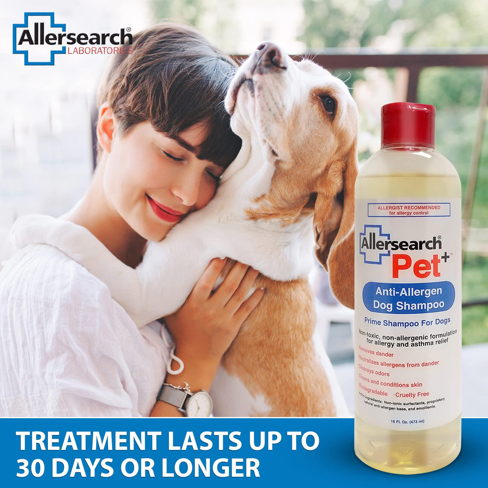 Label highlights tea tree oil extract in Allersearch Pet+ Shampoo.