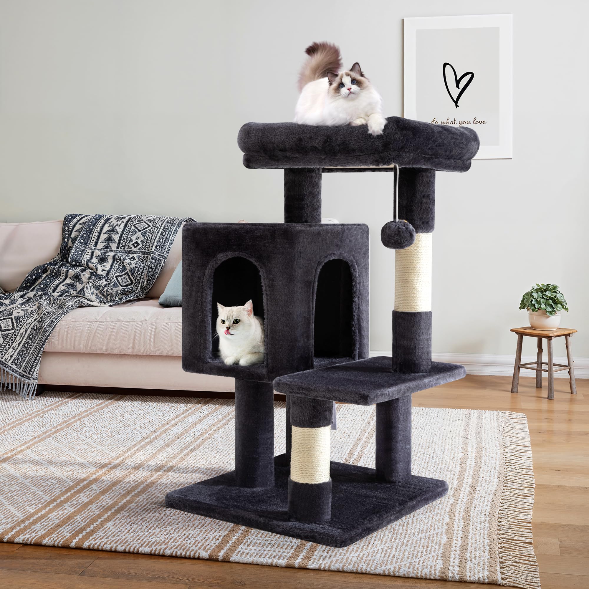 Allewie cat tree dual-door cave allows easy entry and cozy hiding spaces.