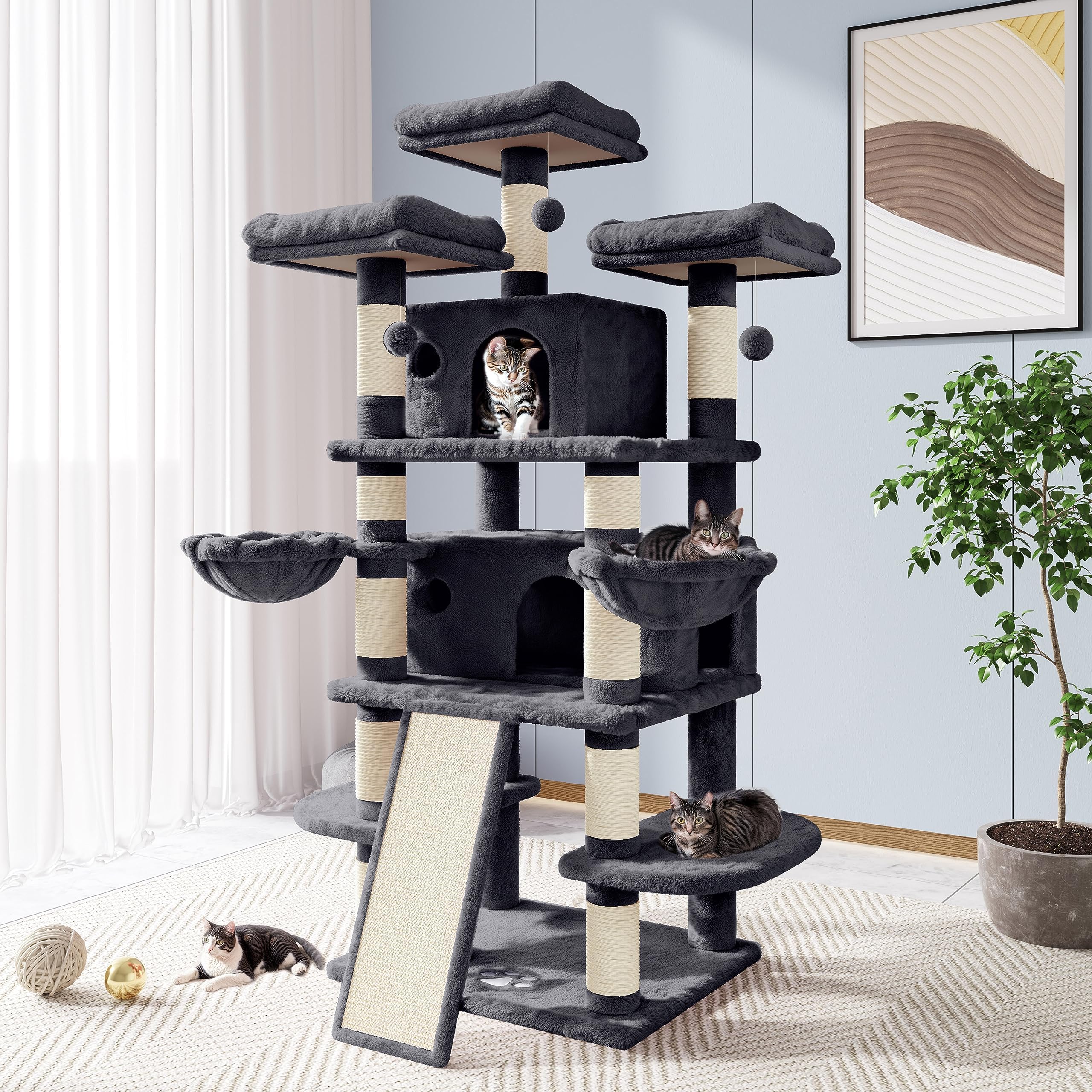 Allewie 68-inch cat tree condo: secure resting space for big cats.