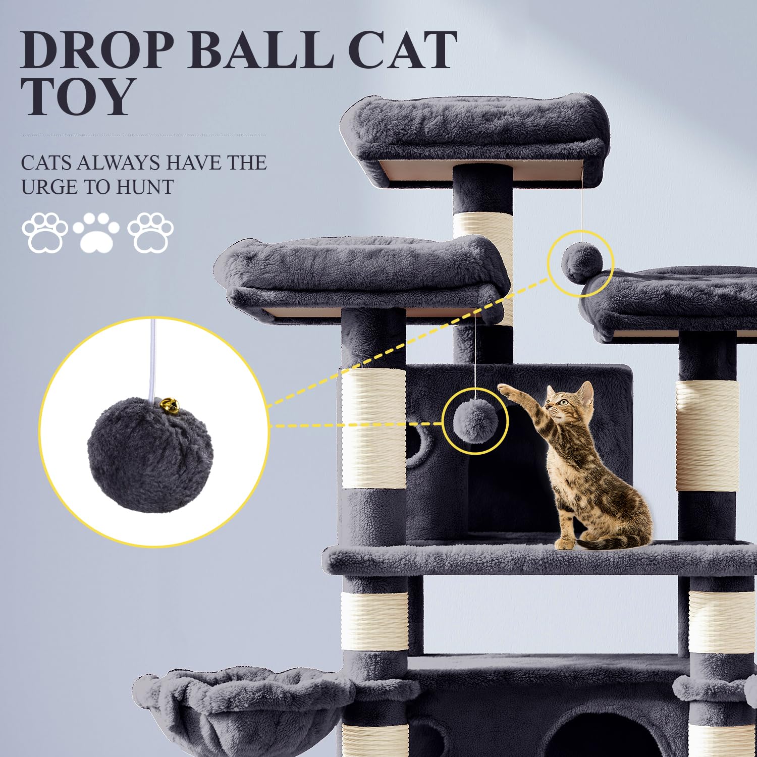 Allewie 68-inch cat tree with sisal ropes: durable scratching and claw maintenance.